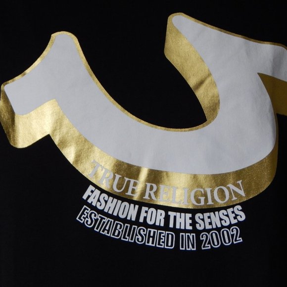 NWT Men’s TRUE RELIGION Slanted Foil 3D Horseshoe Crewneck Black T Shirt - Picture 3 of 5